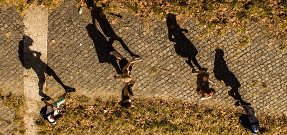 Overhead view of students walking on a campus mall